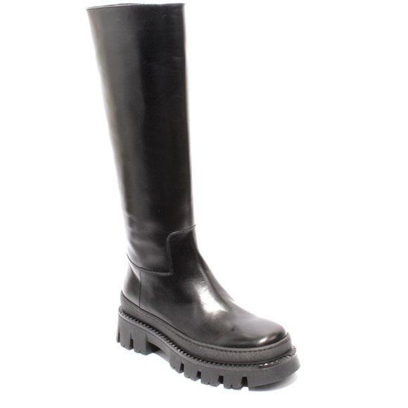 Italian Black Leather Zip-Up Knee High Platform Boots - Picture 1 of 8